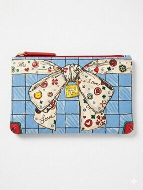 Brighton Makeup Bag Womens Blue Canvas Zipper Pouch Cosmetic Travel Bow